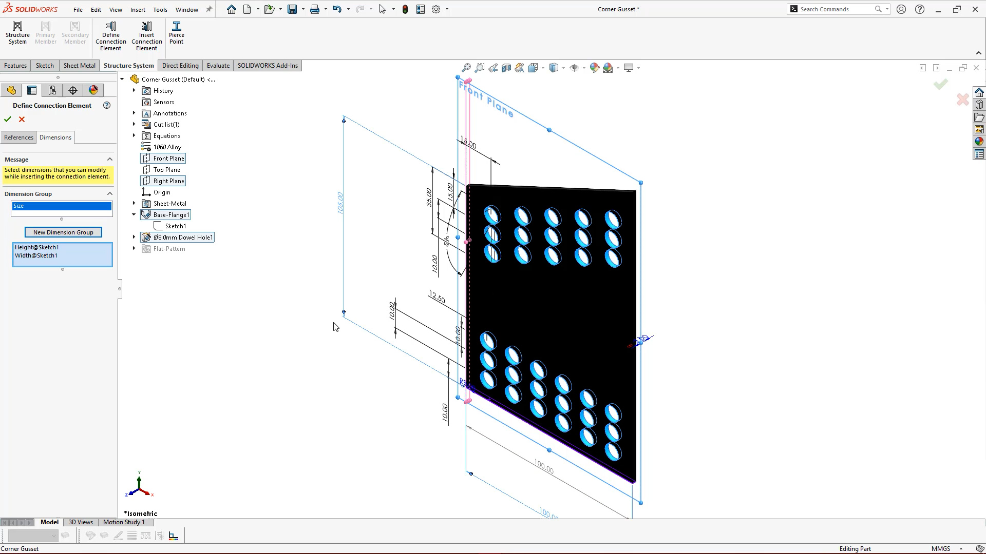 Dimension groups for Connection Elements in SOLIDWORKS 2022